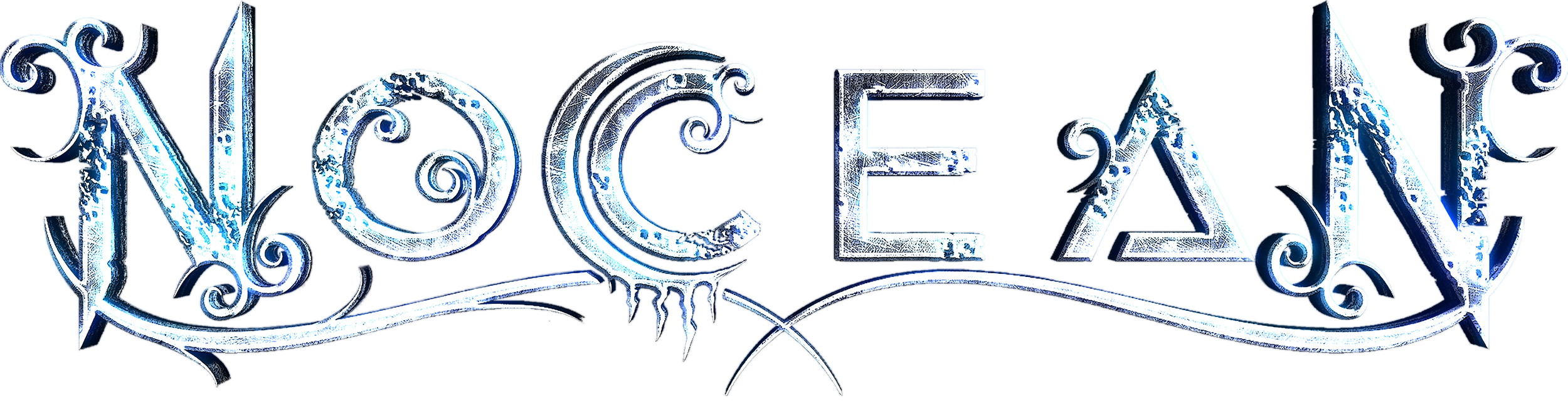 A decorative neon sign spelling the word 'NOEL' in stylized, icy blue and white letters with ornate swirls and curls.