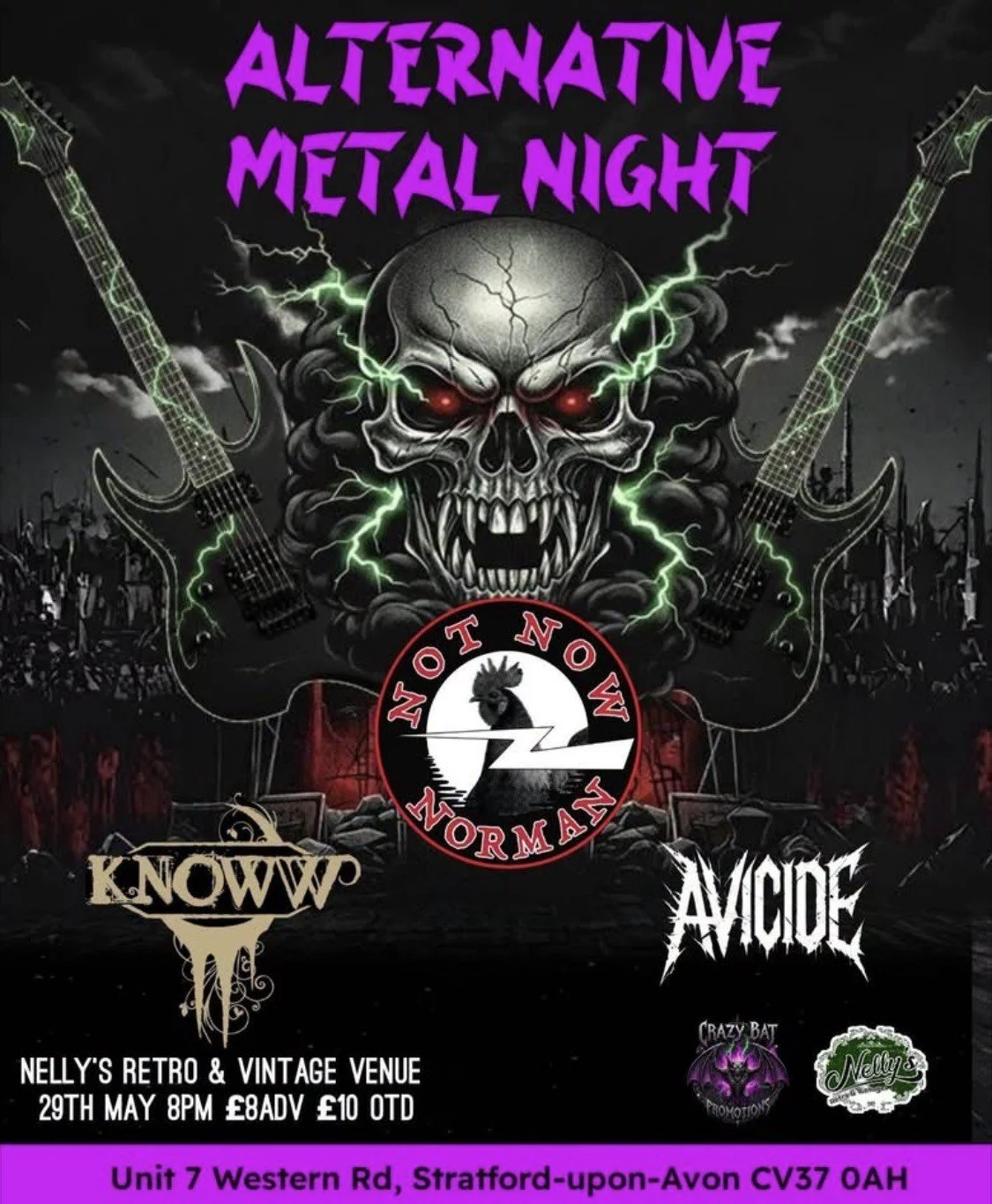 Event poster for 'Alternative Metal Night' featuring bands KNOWW and AVICE. The background shows a dark scene with a skull with glowing red eyes, surrounded by lightning, with guitars on either side. The event details indicate it takes place at Nelly's Retro & Vintage Venue on May 29th at 8 PM, with tickets costing 8 and 10 pounds. The venue address is Unit 7 Western Rd, Stratford-upon-Avon CV37 0AH.