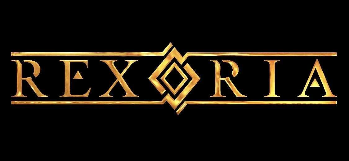 The word 'REXORIA' written in gold stylized letters with a geometric design in the center, on a black background.