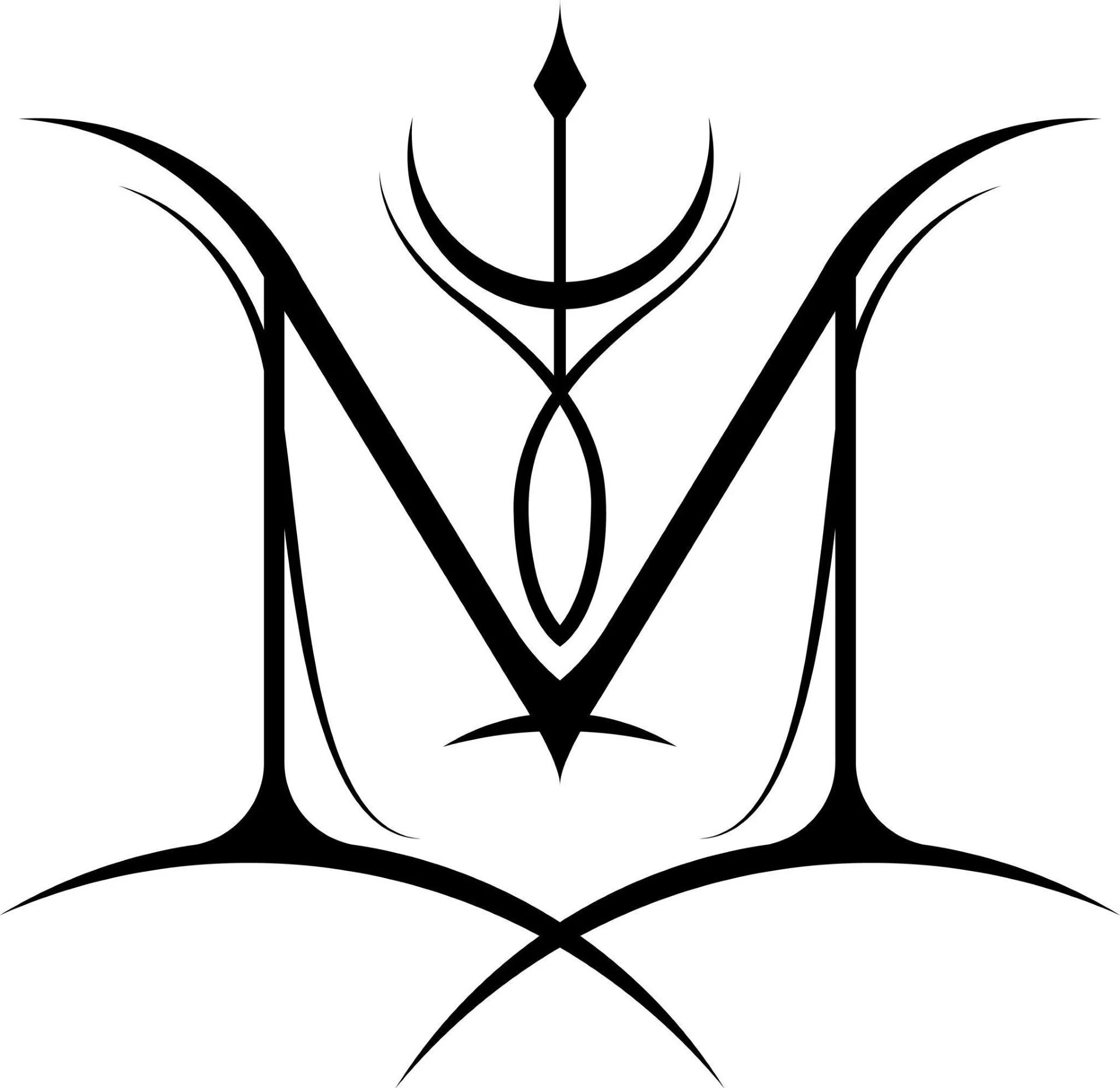 Black and white abstract symmetrical geometric design with curved lines and sharp points.
