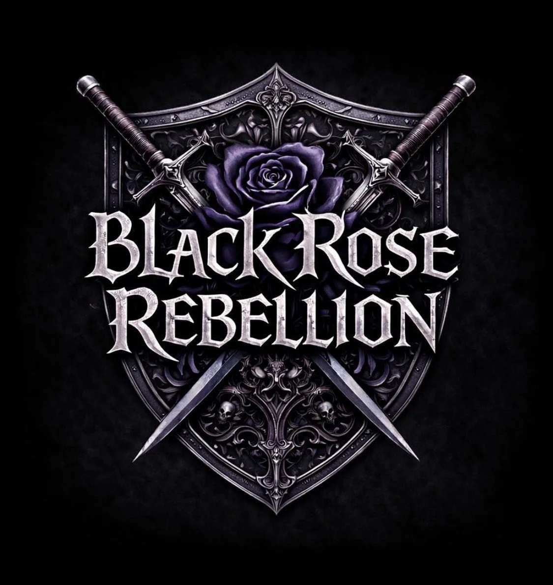A dark emblem featuring a purple rose, two crossed swords, and the text 'Black Rose Rebellion' in gothic font.