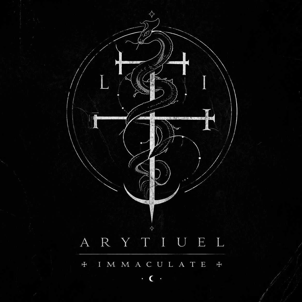 Black album cover with a white, intricate, mystical design featuring a snake wrapped around a vertical sword, a circle, and sun and moon symbols. The text says 'ARYTIUEL' with 'IMMACULATE' below, and a small crescent moon symbol.