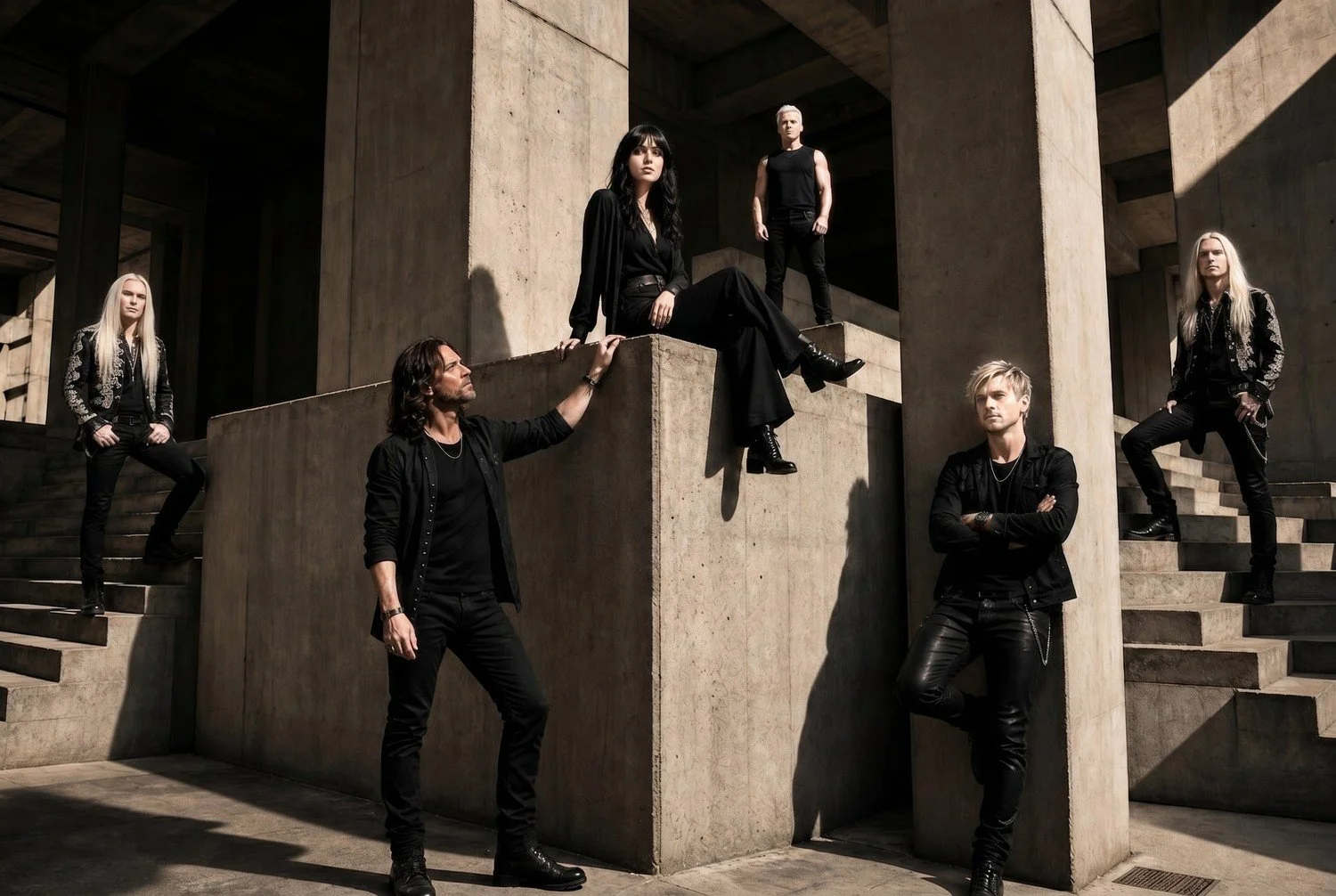 Group of six people dressed in black, standing and sitting on concrete stairs and walls in an architectural setting.