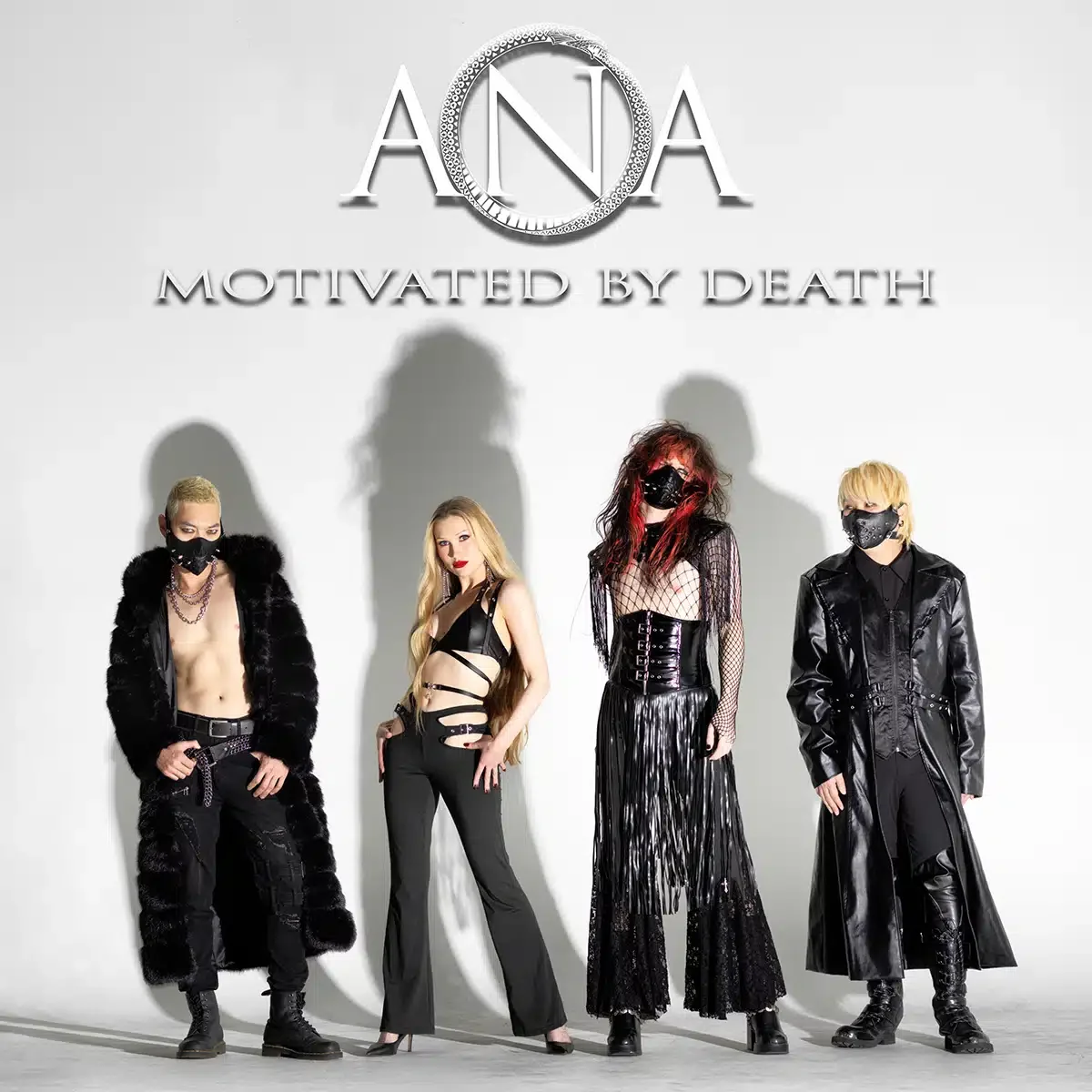 Four individuals dressed in edgy, dark fashion poses in front of a white background with the text "ANA MOTIVATED BY DEATH" and a logo above.