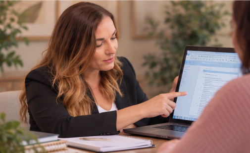 A woman in a black blazer points at a laptop screen during a discussion, with a notebook and pens on the table.