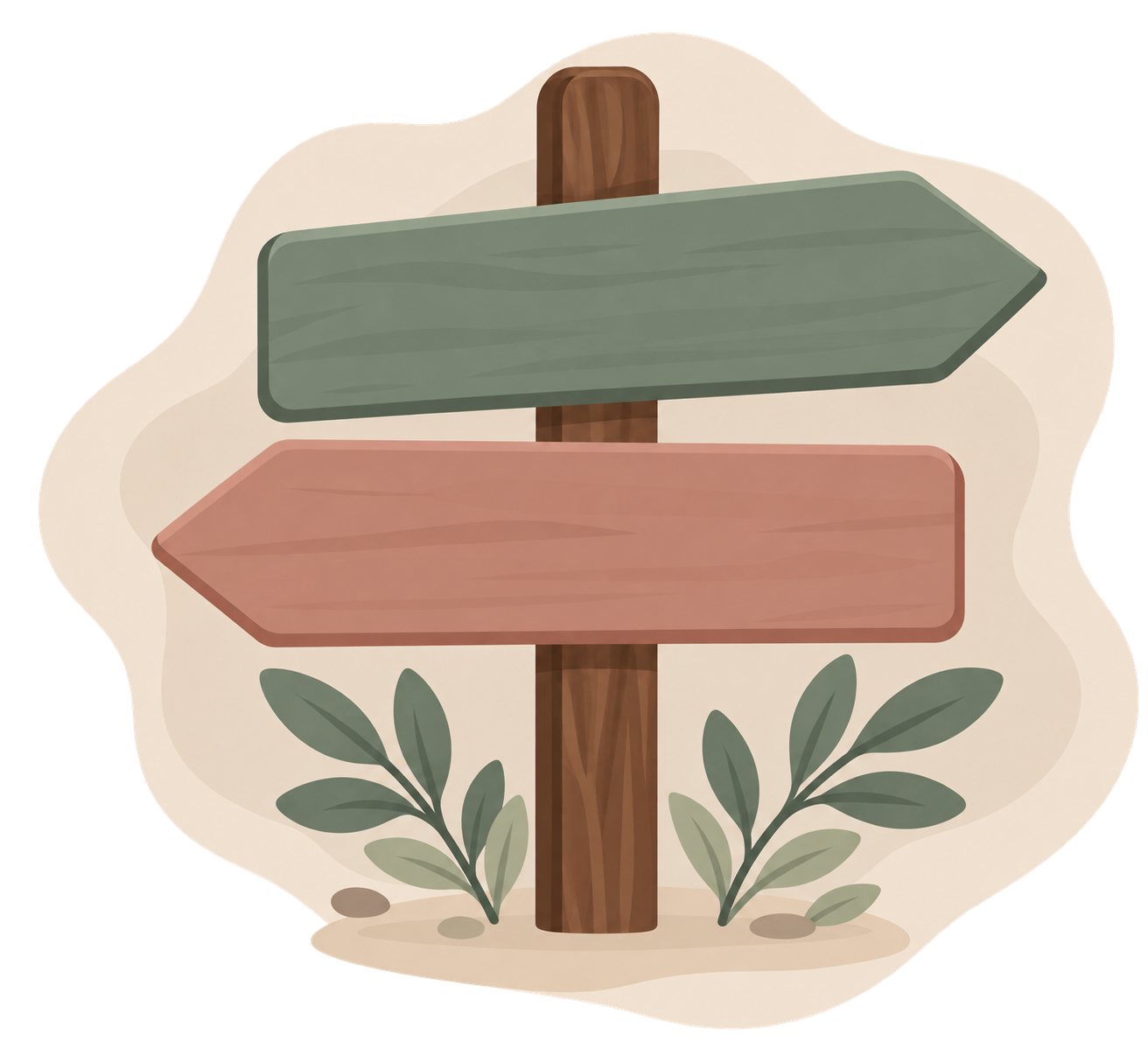 Illustration of a wooden signpost with two directional arrows, one green pointing to the right and one pink pointing to the left, surrounded by green leaves.