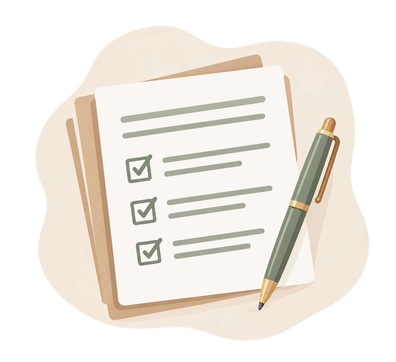A notepad with a checklist and a pen on a light-colored surface.