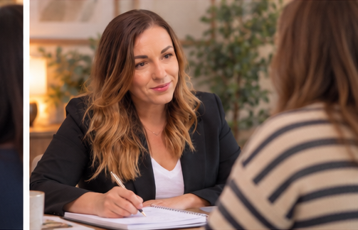 A woman in a black blazer and white shirt listens to another person with striped clothing during a conversation in a cozy, well-lit room.