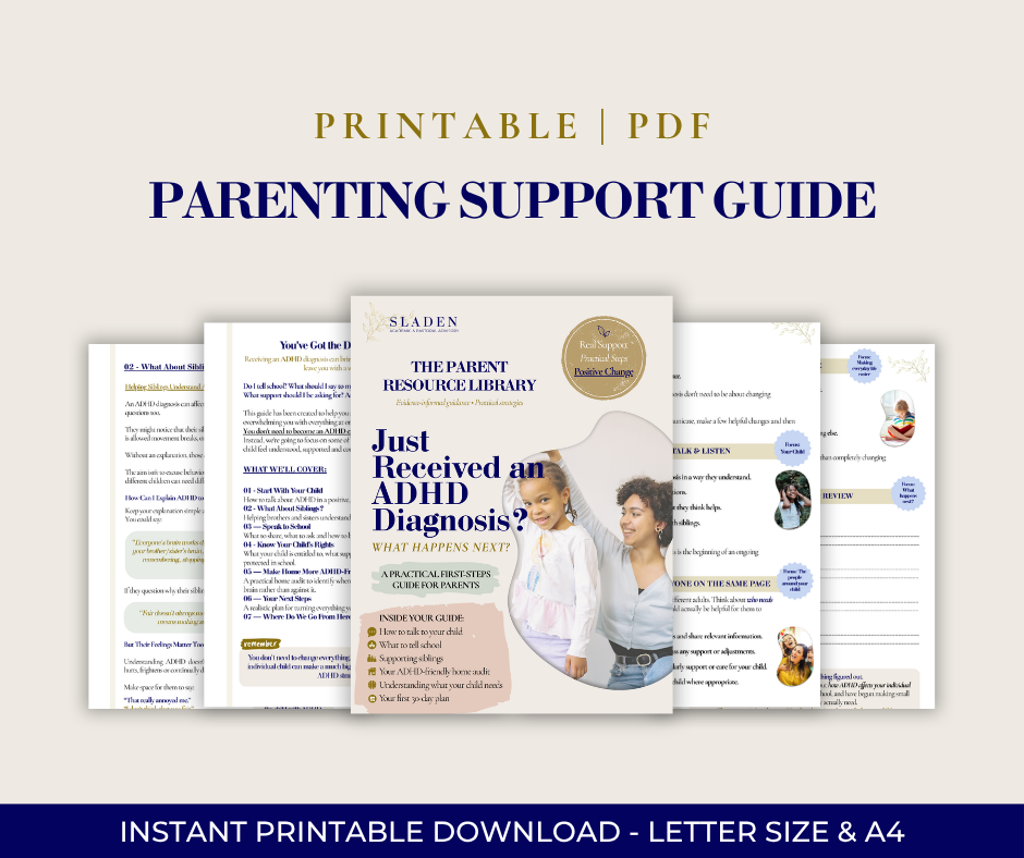 Cover page of a parenting support guide titled "Just Received an ADHD Diagnosis?" from the Parent Resource Library, featuring a woman and a young girl, with pages of the guide partially visible behind.