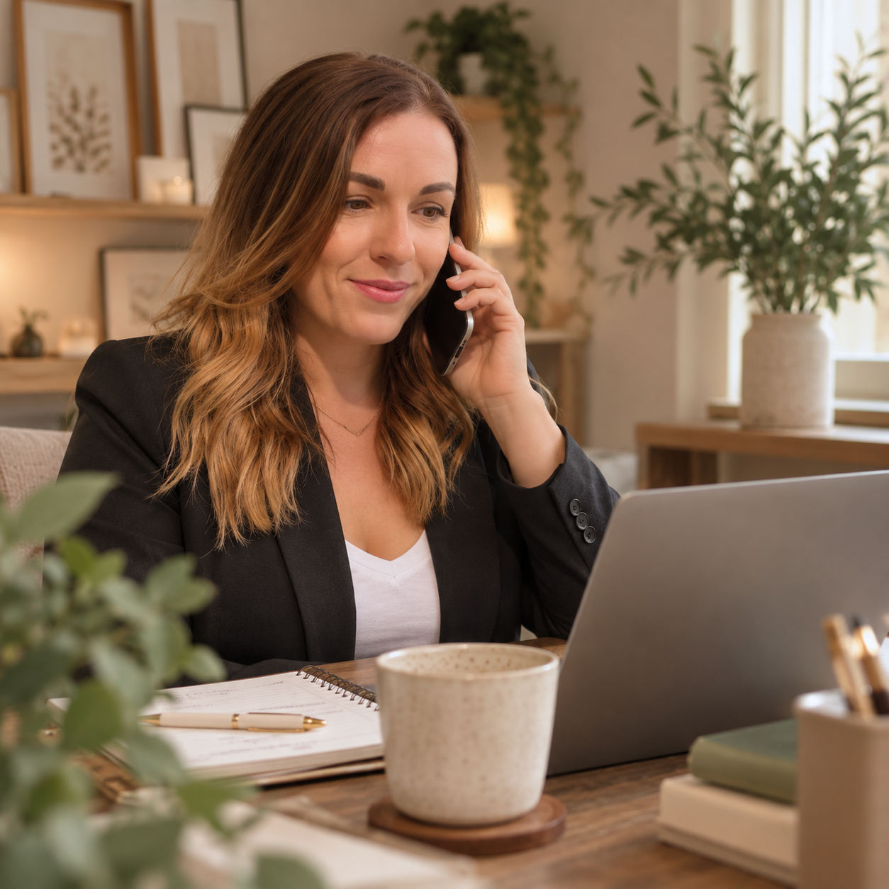 A woman with wavy brown hair talking on a cell phone while working on a laptop at a desk in a cozy, well-decorated home office.