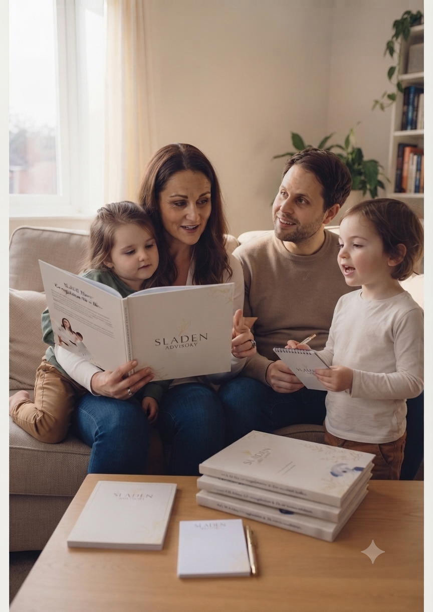 A family sitting on a couch, reading a large book together. The woman is holding the book, with a young girl on her lap, and a man and a young boy sitting next to them, with the boy holding a notepad and a pen. There are stacked notebooks and books on a table in front of them, inside a cozy living room with a window, curtains, a bookshelf, and a plant in the background.