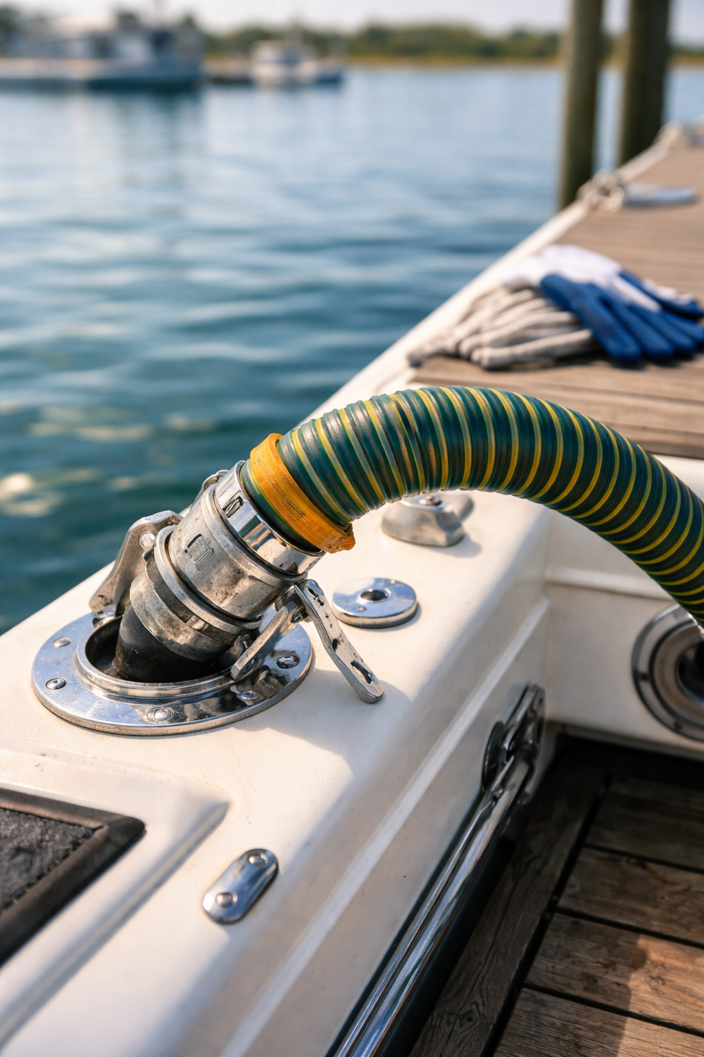 Close-up of a flexible green and yellow hose connected to a boat at a marina dock, with water and boats in the background.