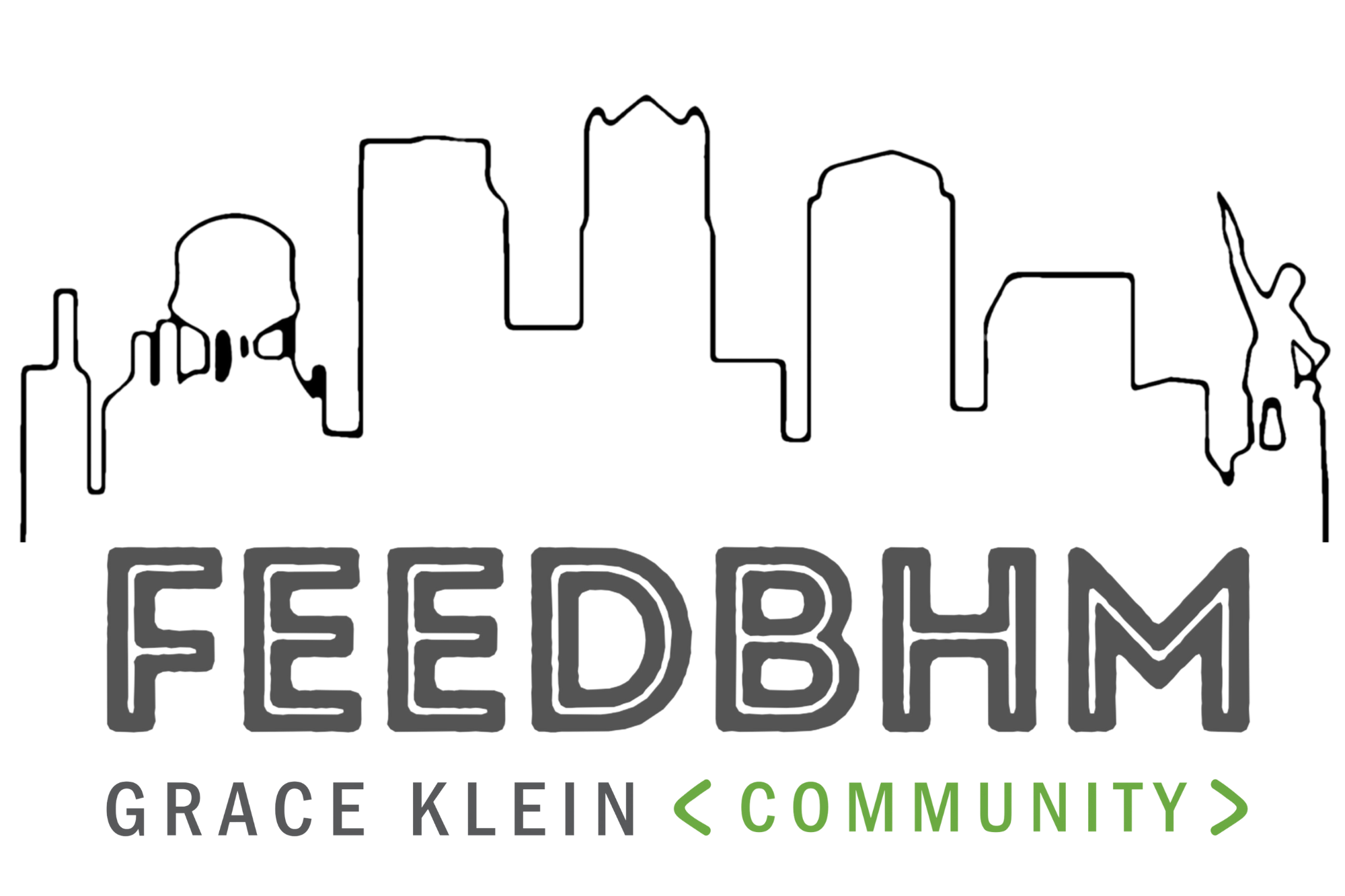A black and white line drawing of a city skyline with various buildings and a person reaching upward on the right side. Below, the text reads "FEEDBHM" in bold, with "Grace Klein" underneath and "<Community>" in green brackets.