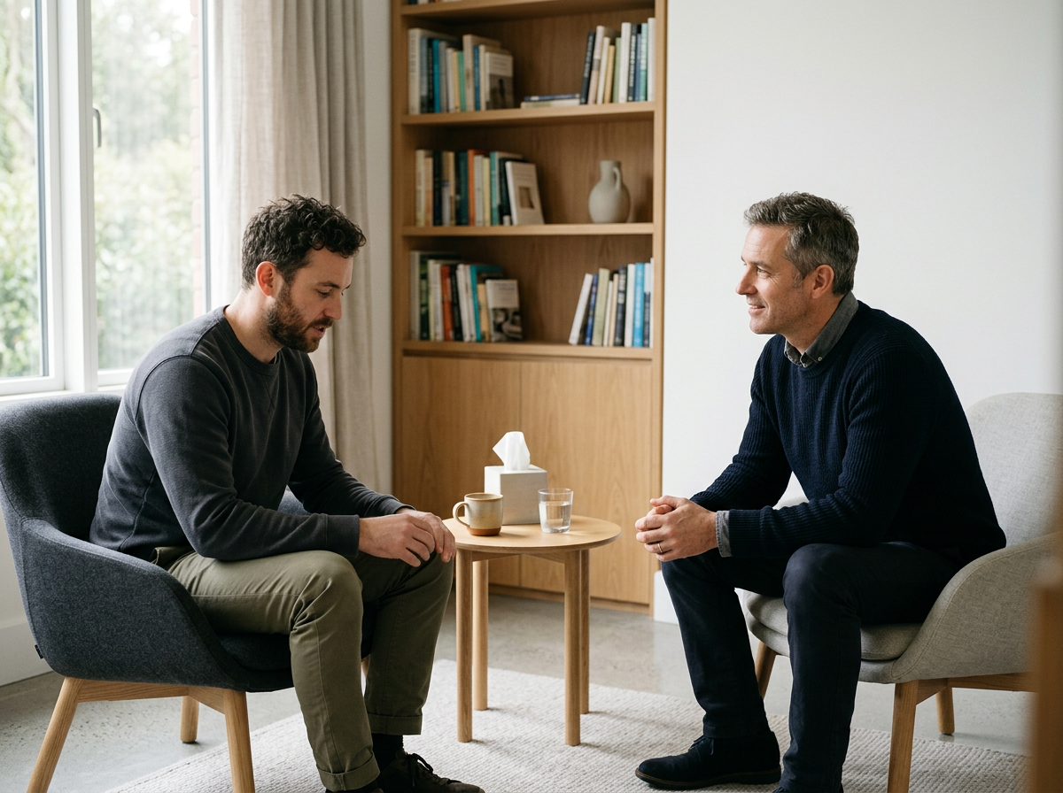 Man sitting comfortably and reflecting during a counselling session