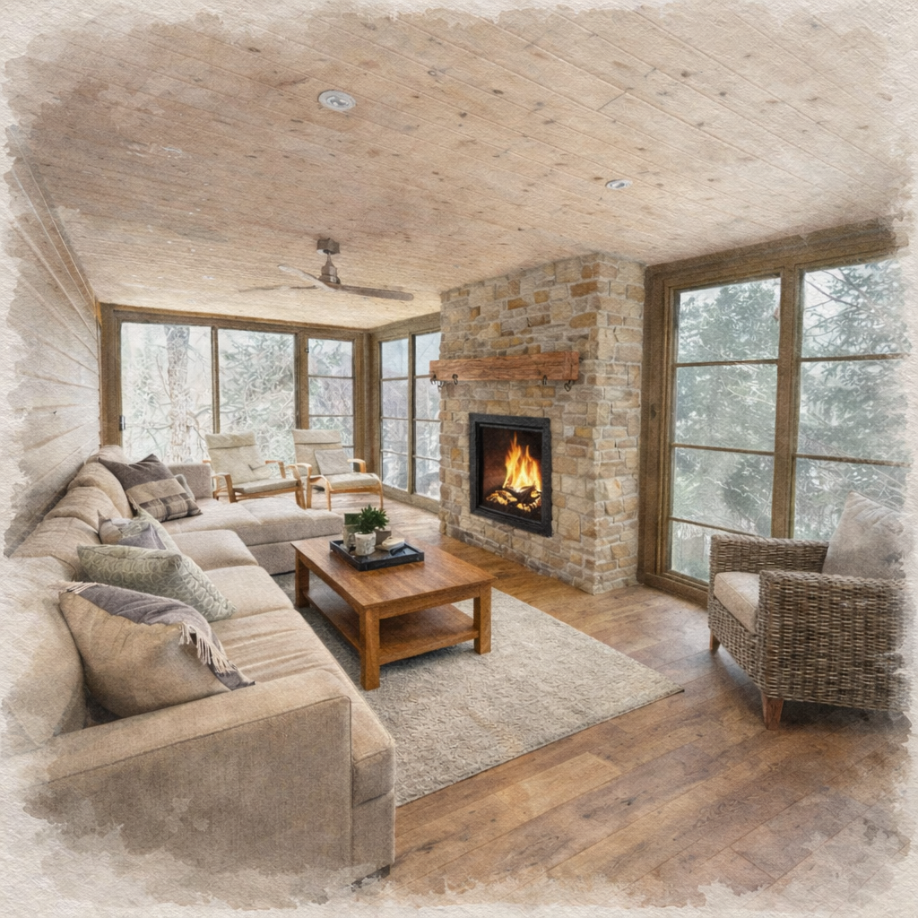 Cozy living room with a stone fireplace, beige sectional sofa, woven armchair, wooden coffee table, and large windows showing trees outside.