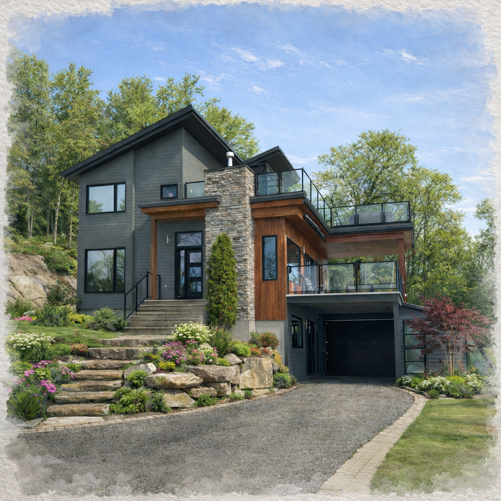 Modern multi-story house with stone and wood exterior, black garage door, glass balconies, and landscaped garden with colorful flowers and greenery.