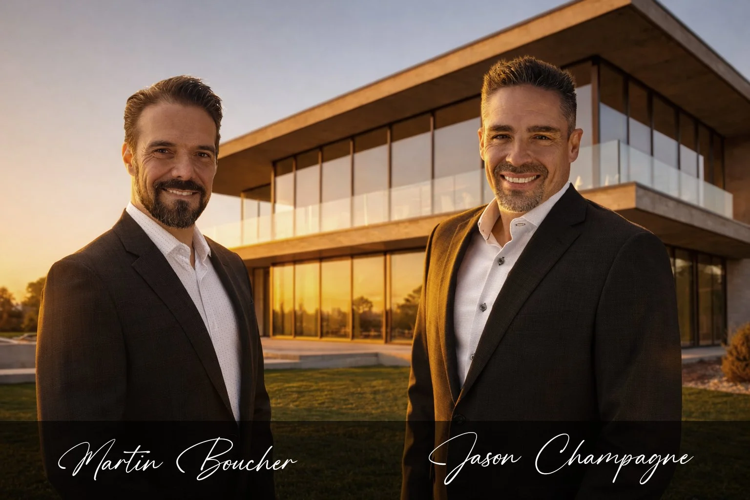 Two men in suits standing outside modern building at sunset