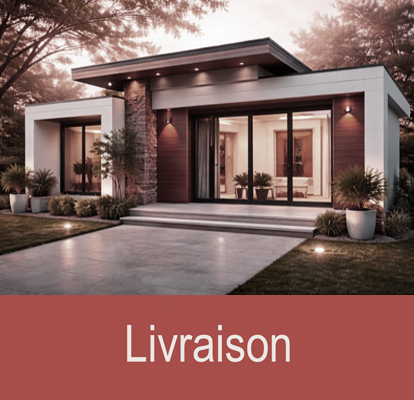 Modern single-story house with large glass windows, surrounded by landscaped yard with potted plants, during sunset.