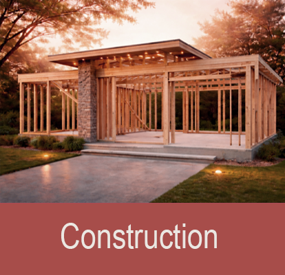 A building under construction with wooden framing and a stone pillar at the entrance, set against a sunset background with trees.