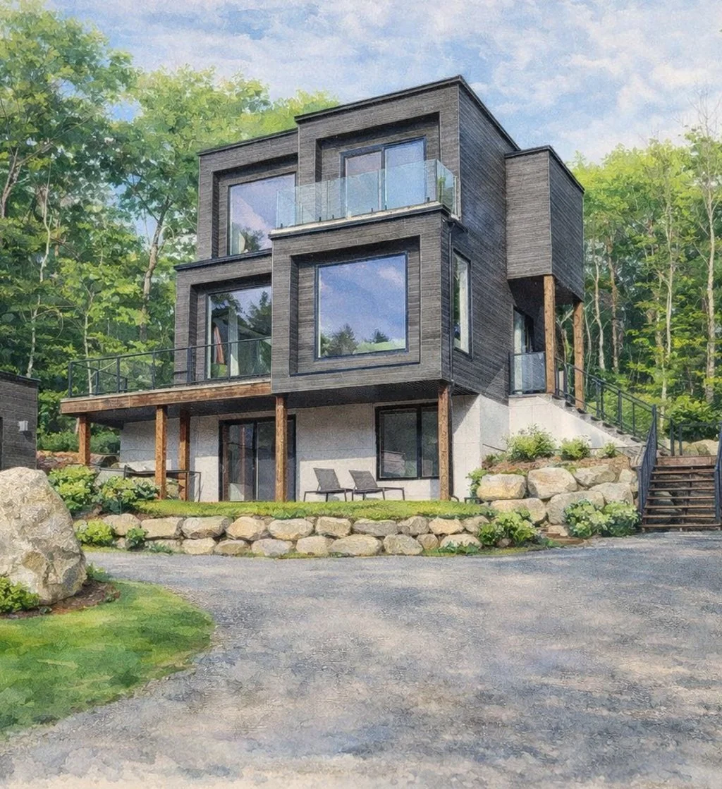 A modern multi-story house with large windows, black wooden exterior, and a concrete foundation. The house has balconies with glass railings, wooden support beams, and is surrounded by landscaping with rocks, shrubs, and trees.