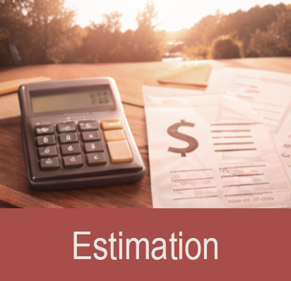 Calculator and financial documents with a dollar sign on a wooden table outdoors at sunset, labeled 'Estimation'.