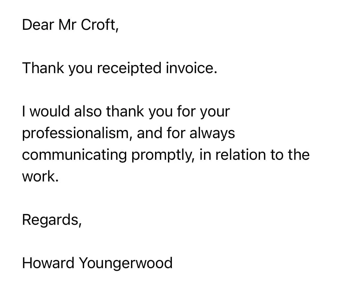 Letter addressed to Mr. Croft of K G Croft builders, thanking for a received invoice and professional communication, signed by Howard Youngerwood.