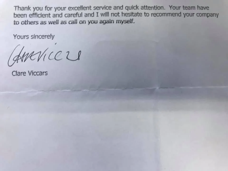 Close-up of a typed thank you letter with a handwritten signature and printed name Clare Viccars for K G Croft builders.