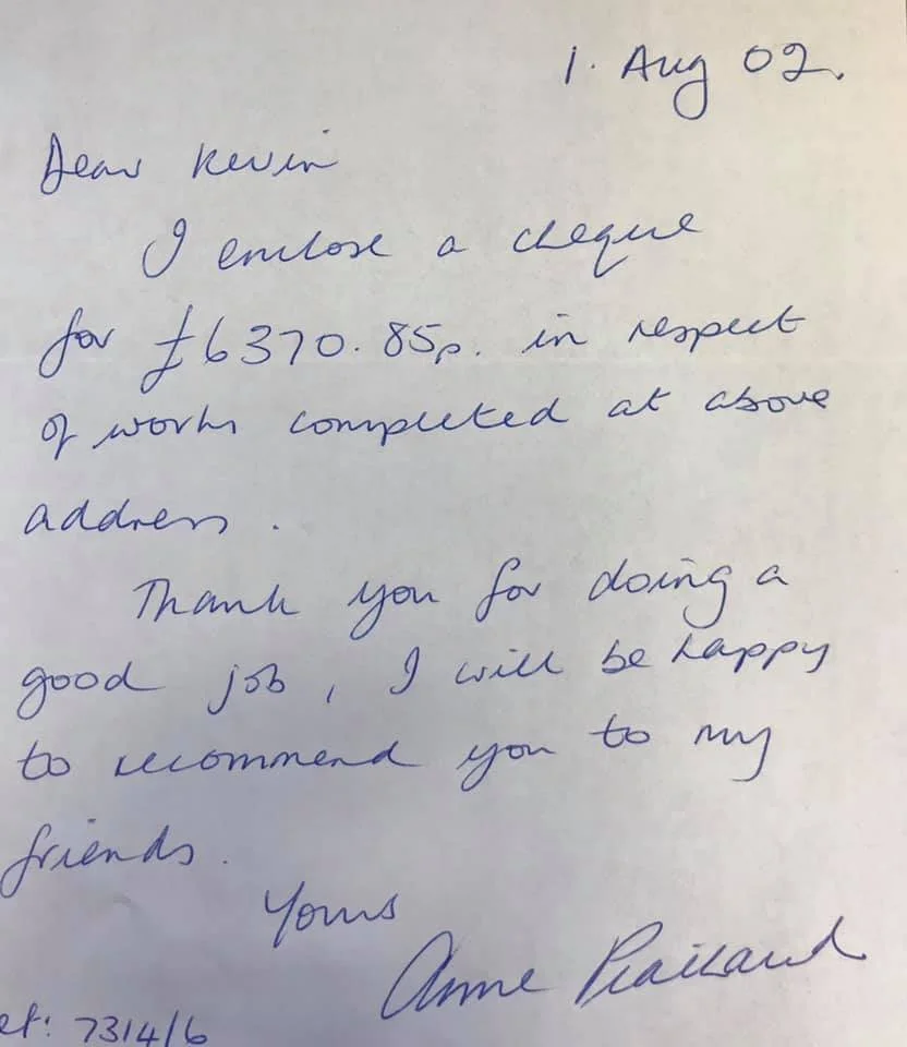 Handwritten note dated August 2, 2002, addressing Kevin Croft, thanking for good work, and offering to recommend Kevin to friends, signed by Anne R. K G Croft builders.