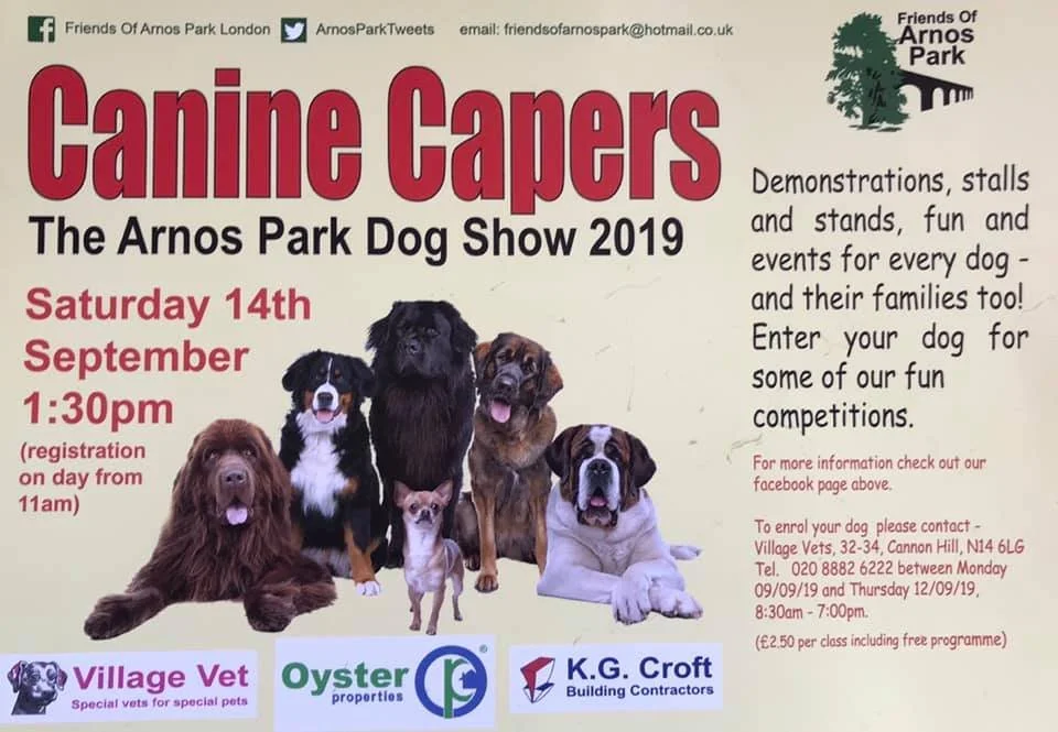 Flyer for the 2019 Arnos Park Dog Show on Saturday, September 14th at 1:30 pm featuring dog breed photos, event details, and sponsor logos. Sponsored by K G Croft north london.
