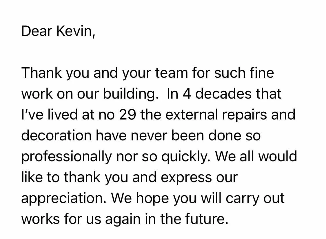 A handwritten or printed letter expressing gratitude to Kevin and his team for their work on building repairs and exterior decoration. K G Croft builders.