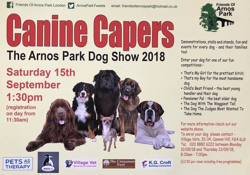 Flyer for the 2018 Arnos Park Dog Show featuring various dogs and event details. Sponsored by K G Croft north london.