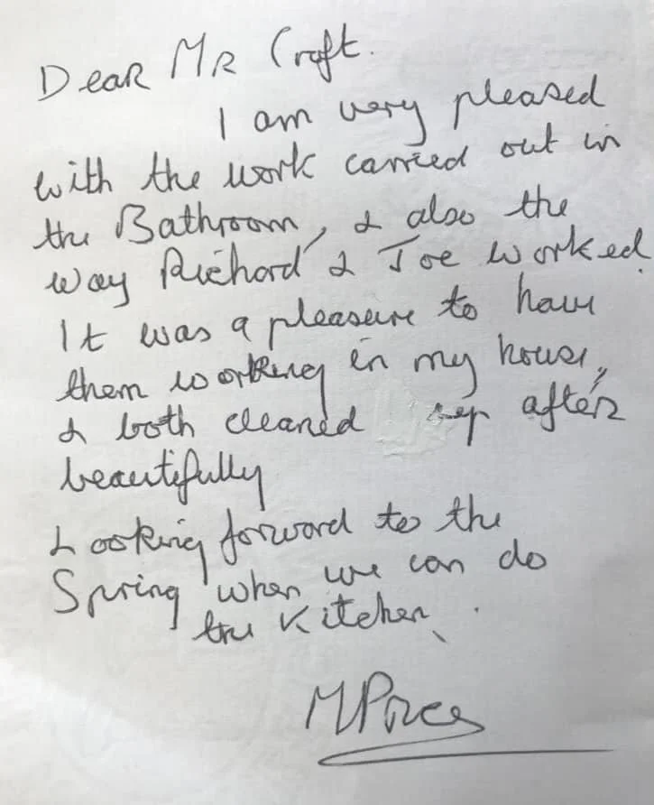 Handwritten letter expressing gratitude for work done in the bathroom and kitchen by K G Croft, looking forward to spring. It reads I am very pleased with the work carried out on the bathroom and also the way richard and joe worked. It was a pleasure