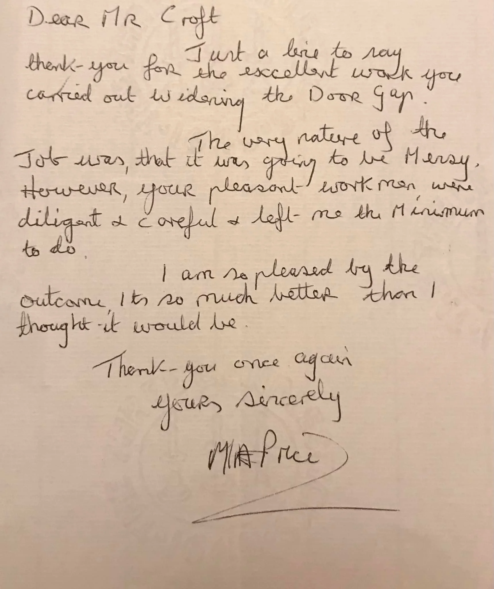 Handwritten thank you letter on cream paper, addressed to Mr. Croft of K G Croft builders, praising the work of carpenters for repairing the door gap.