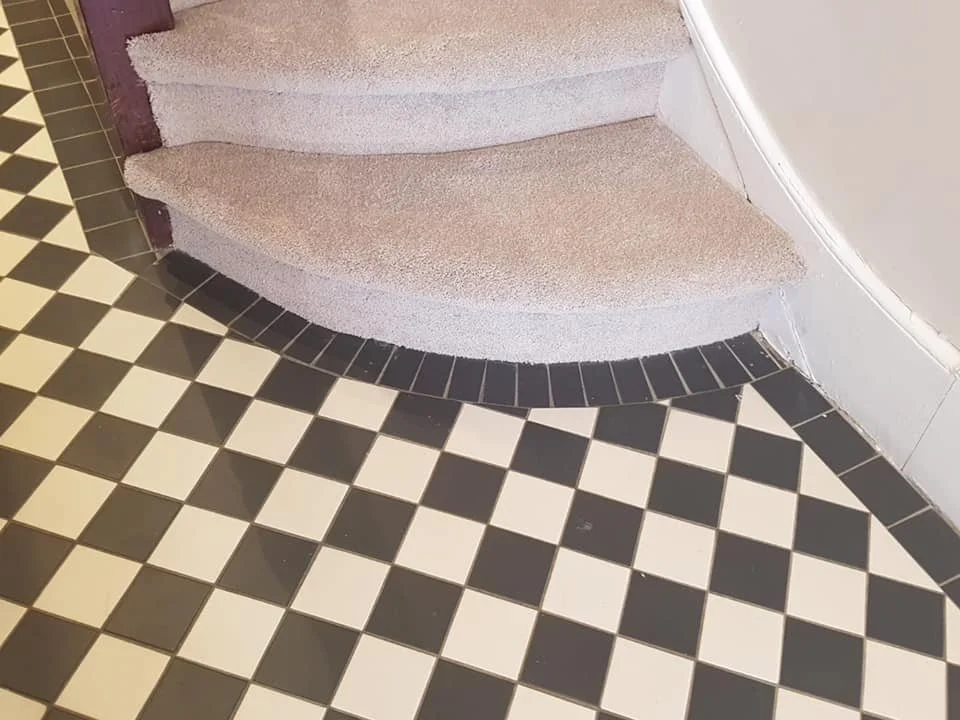 Close-up of black and white checkered tile floor next to beige carpeted stairs.