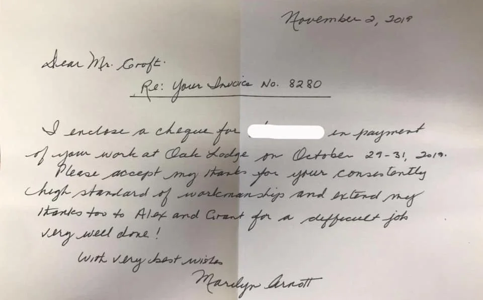 Handwritten letter dated November 2, 2019, addressed to Mr. Croft of K G Croft builders, regarding payment for work at Oak Lodge from October 29-31, 2019, expressing thanks for craftsmanship and extending recognition to Alex and Grant.