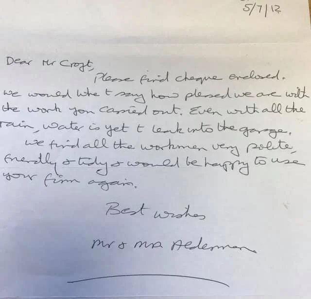A handwritten letter on lined paper dated 5/7/12, addressed to Mr. Croft of K G Croft from Mr. and Mrs. Adelman, thanking him for a cheque and praising the workers for their politeness.