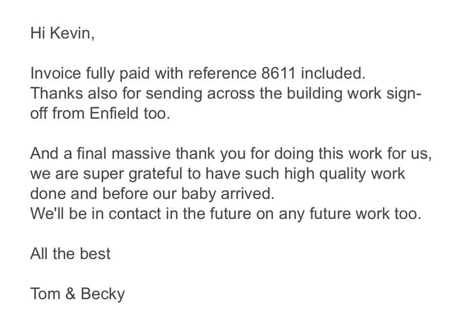 A screenshot of a signed thank you letter addressed to Kevin of K G Croft builders from Tom & Becky, discussing an invoice, building work, and future contact.