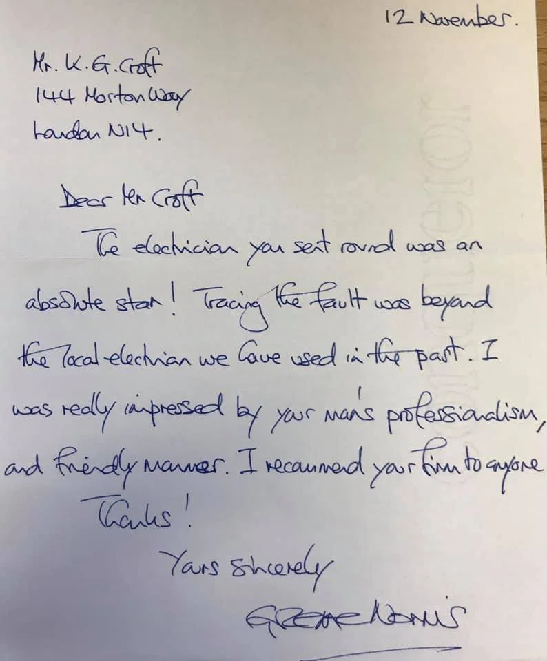 Handwritten letter addressed to Mr. K. G. Croft from G. W. Adams, praising an electrician's professionalism and recommending their services, dated November 12.