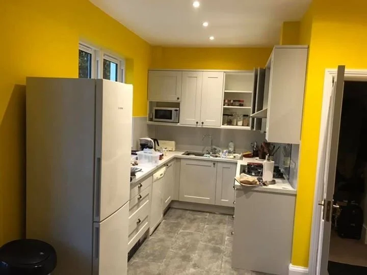 Kitchen with white cabinets, a yellow wall, and a gray refrigerator. Countertop has various kitchen items, sink, and microwave. There are windows on the left and a door on the right leading to another room.