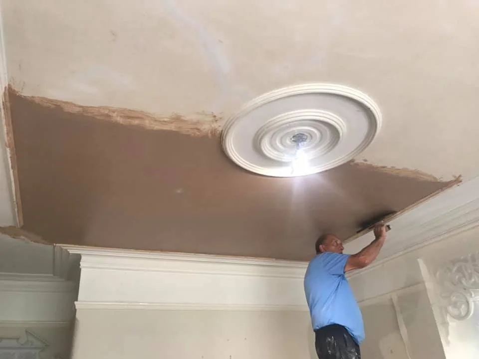 A man painting a ceiling with a brown section and a white decorative ceiling medallion around the ceiling light fixture.