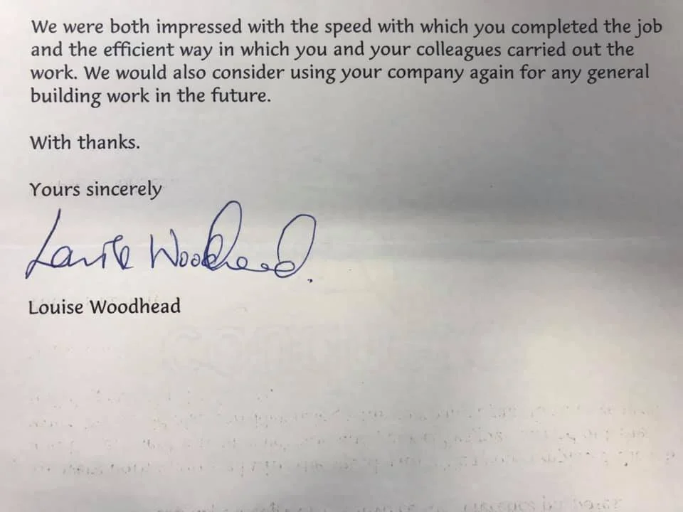A typed letter expressing appreciation for efficient work and suggesting future collaborations, signed by Louise Woodhead in blue ink for K G Croft.