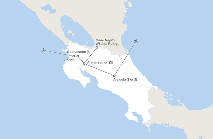 Map of our path in Costa Rica- Starting in Guanacaste (3), Arenal region(2), and Alajuela (1) then home