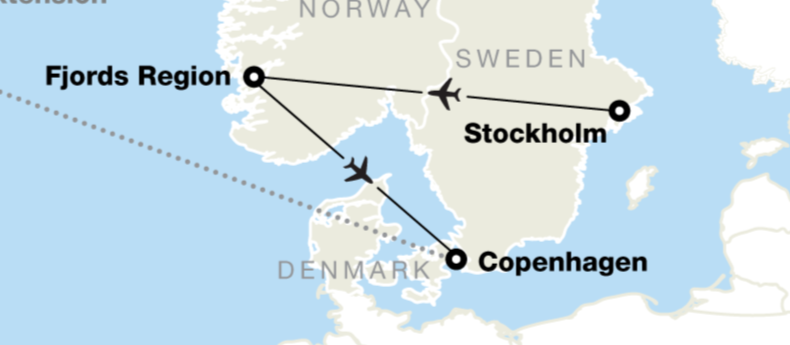 Map of our path- Starting in Stockholm Sweden, Bergen/Fjords Region Norway, then Copenhagen Denmark.
