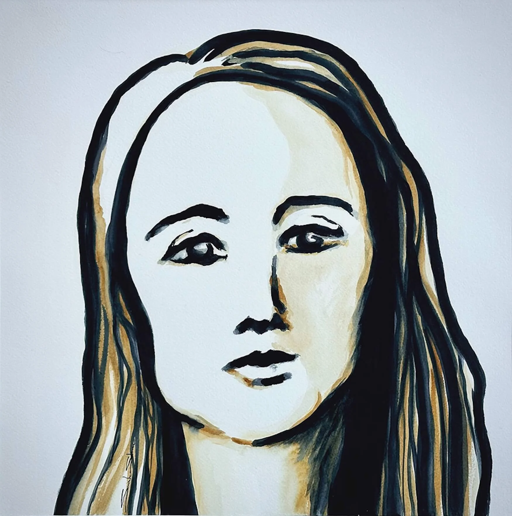 A watercolor-style portrait of a woman with long hair, neutral expression, and minimal detail, emphasizing facial features.