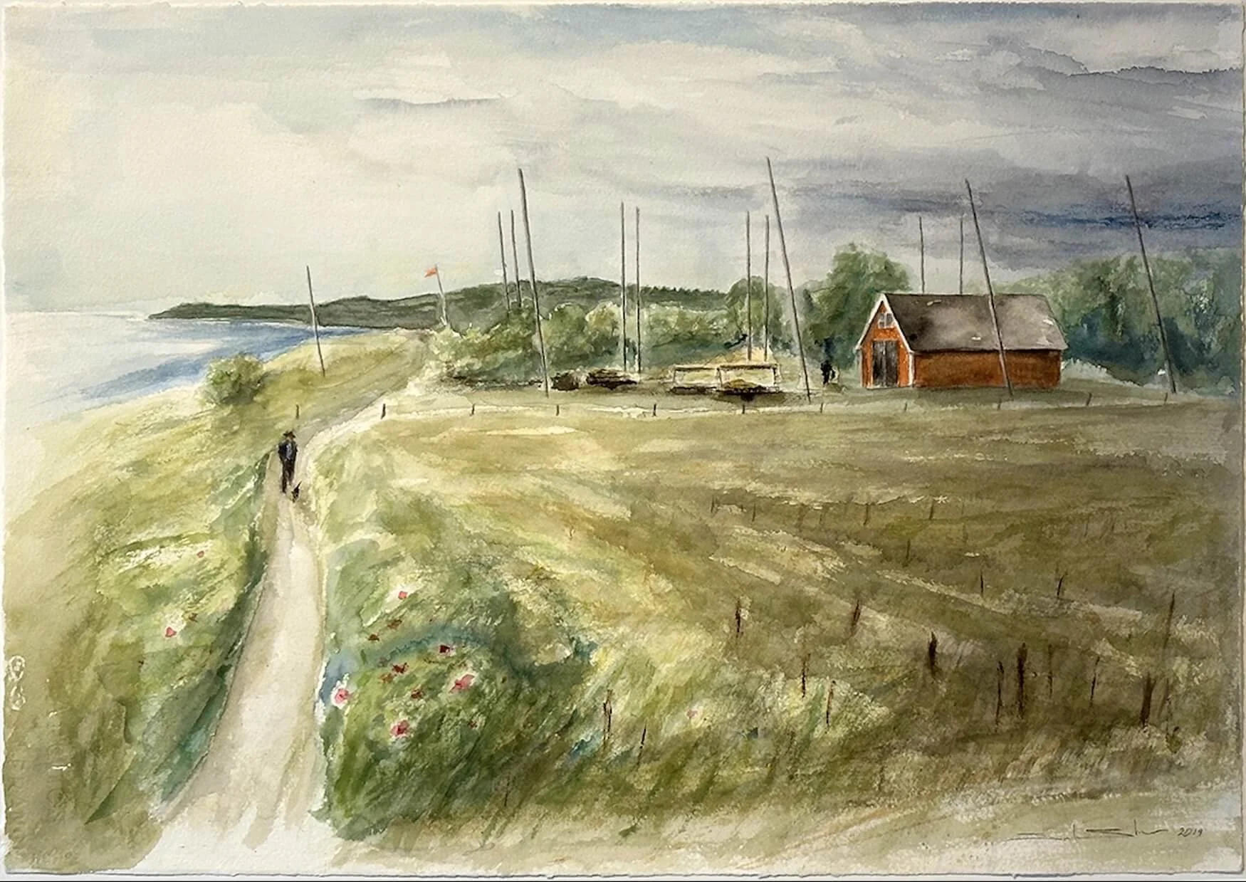 A watercolor painting of a shoreline scene with a path leading to the beach, a grassy field with blooming flowers, sailboats on the grassy area, and a small red barn among trees, with dark storm clouds overhead.
