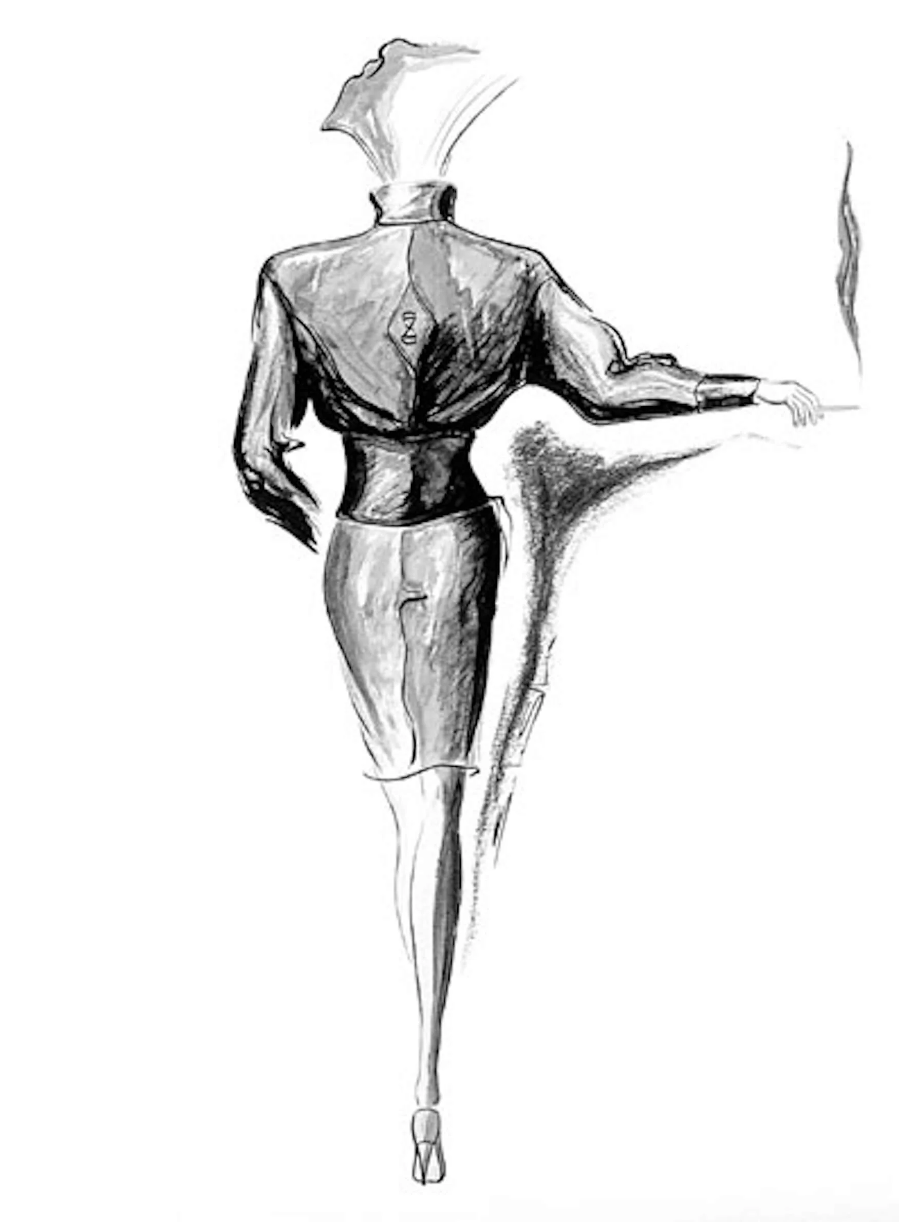 A black and white fashion illustration of a woman with a slender figure, wearing a tailored jacket and a knee-length skirt, standing with a confident posture.