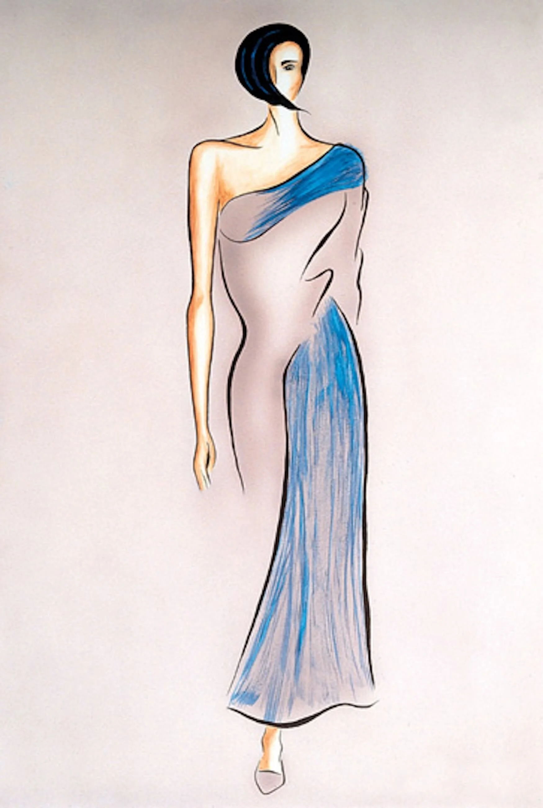 Fashion illustration of a woman wearing an elegant, off-the-shoulder, blue and gray evening gown with a fitted bodice and long skirt, with short black hair.