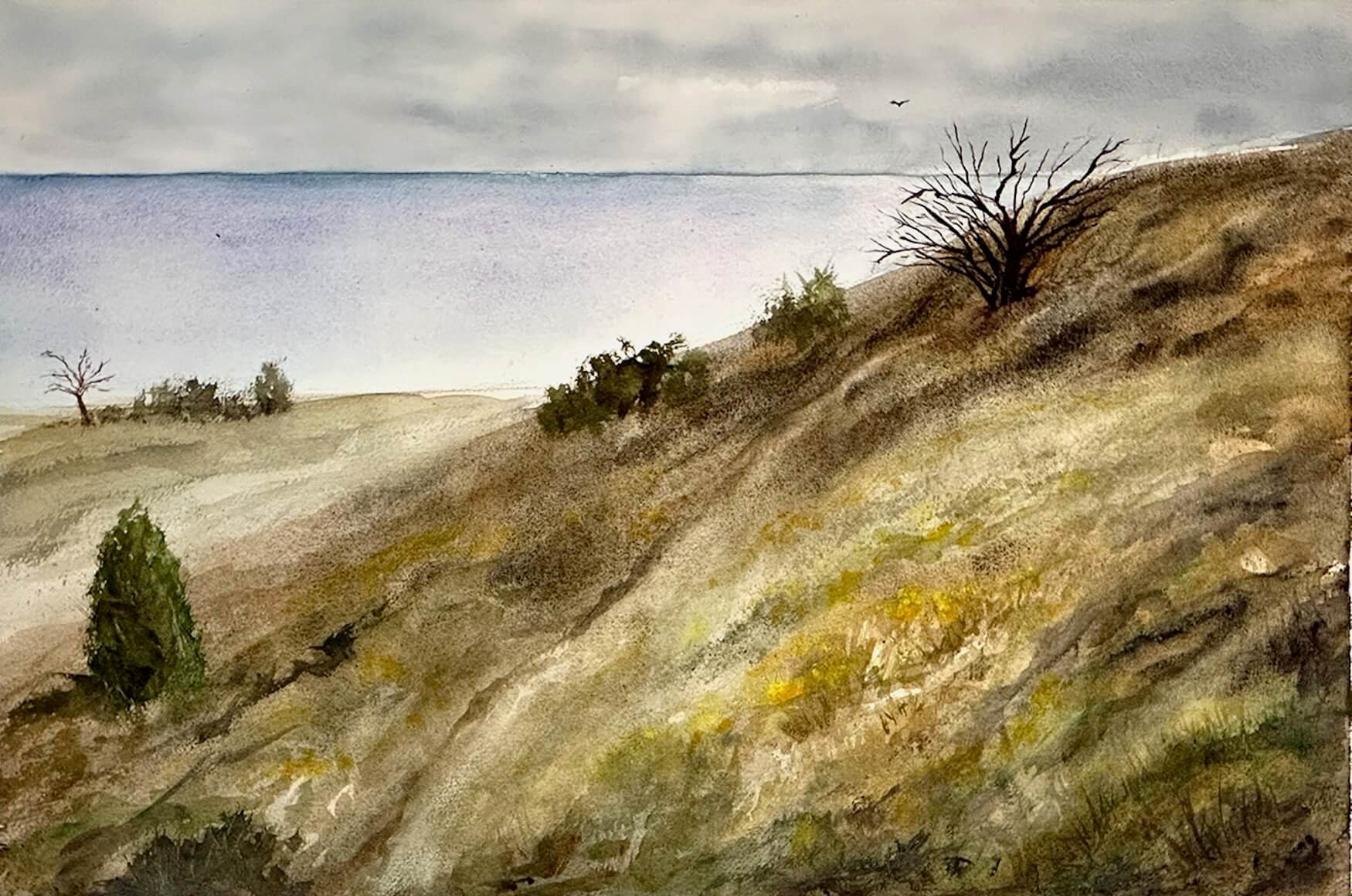 A watercolor painting of a hilly landscape with leafless trees, bushes, and a cloudy sky over the ocean in the distance.
