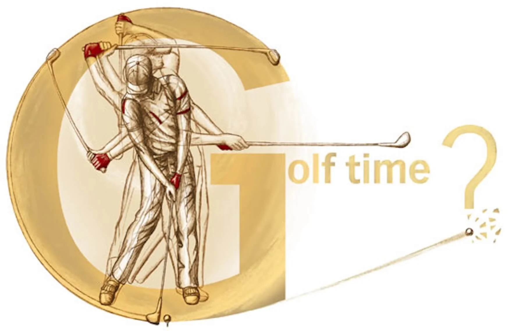 Illustration of a golfer in mid-swing with an overlay of anatomical muscles and bones, with the words 'Golf time?' in gold lettering.