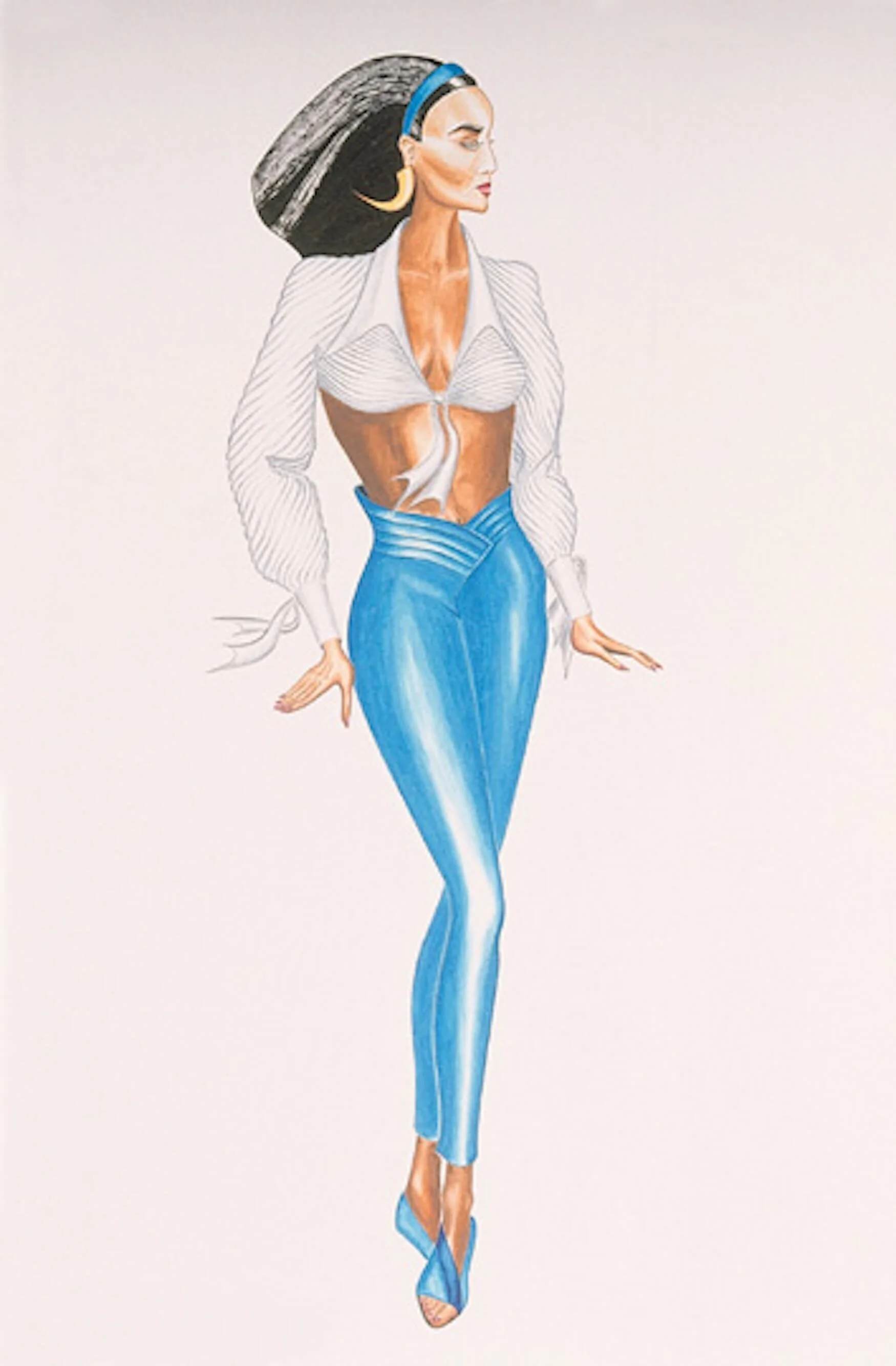 Fashion sketch of a woman with long dark hair, wearing a white cropped shirt, blue high heels, and tight blue pants.